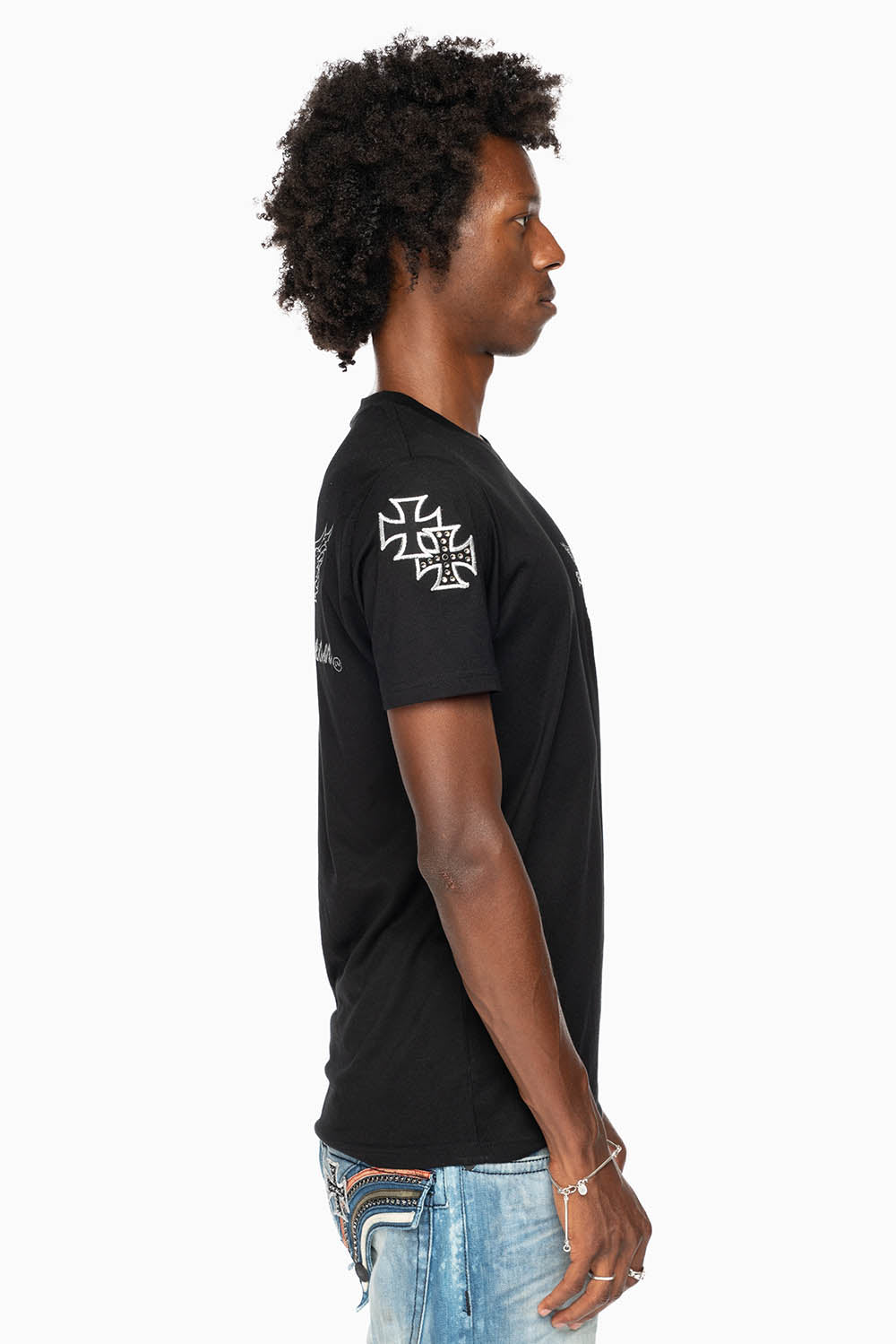 ROBIN’S LOGO WINGS TEE IN BLACK  EMBELLISHED WITH CROSS PATCHES AND CRYSTALS