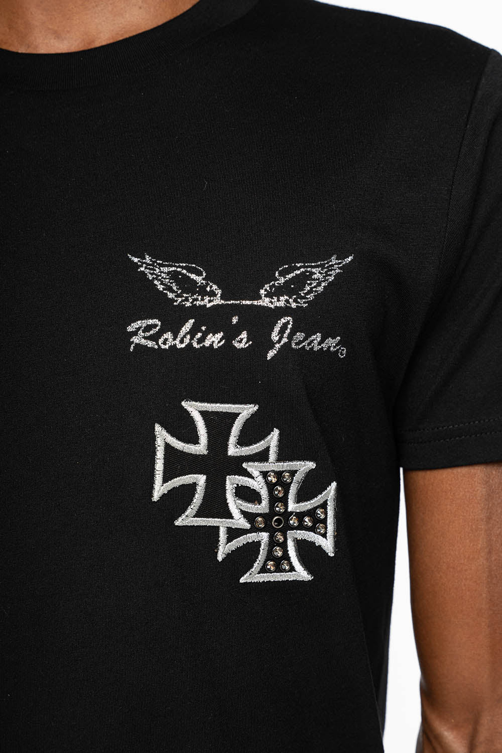 ROBIN’S LOGO WINGS TEE IN BLACK  EMBELLISHED WITH CROSS PATCHES AND CRYSTALS