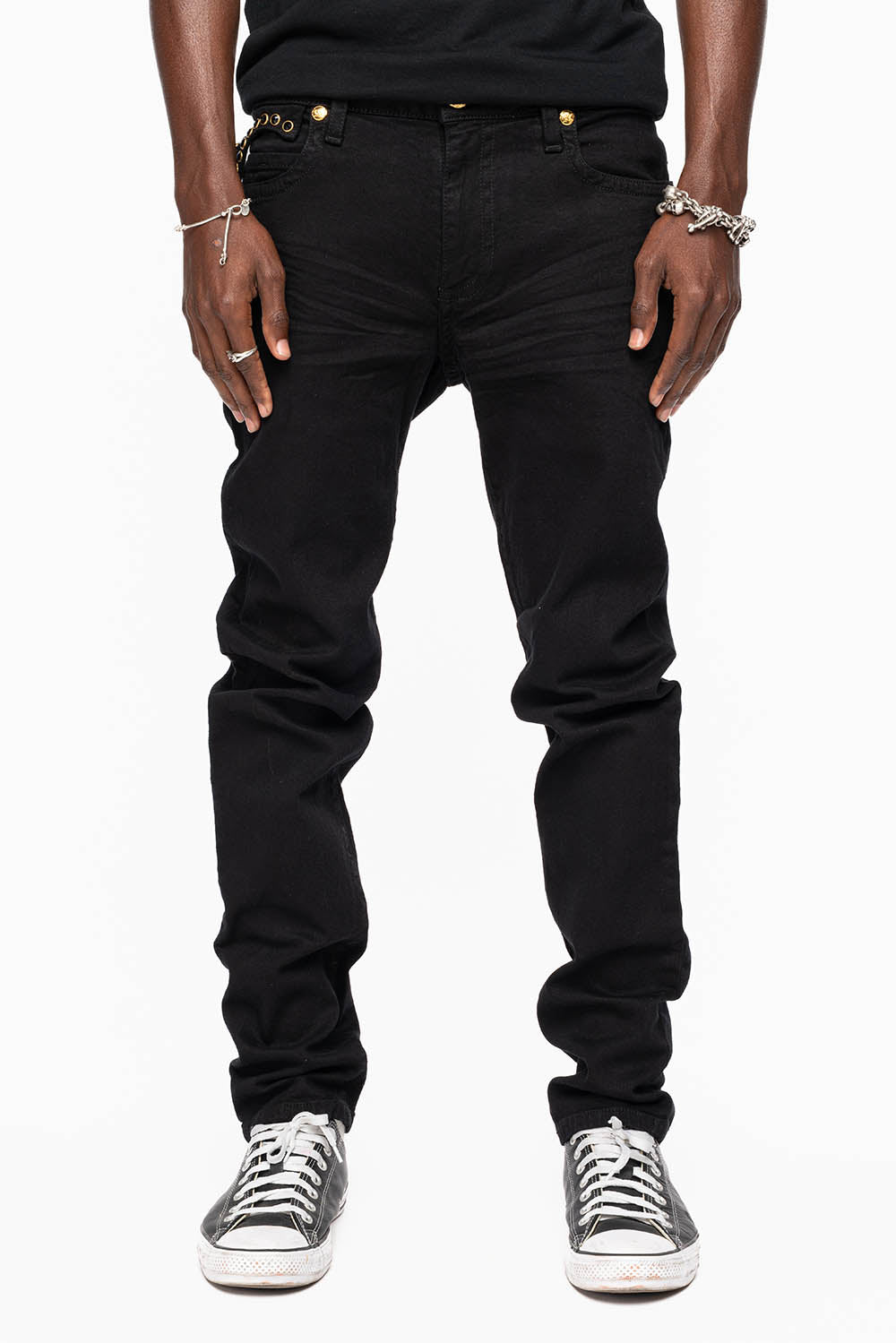 ZIPPER KILLER FLAP MENS JEANS IN F_ UP BLACK WITH X- LARGE CRYSTALS