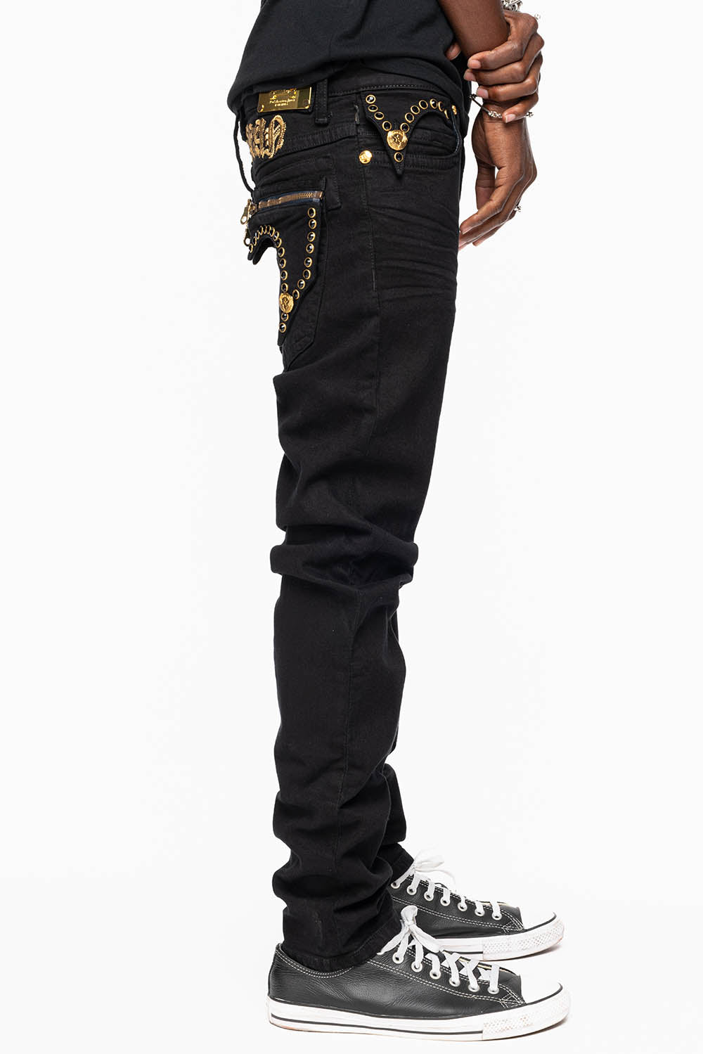 ZIPPER KILLER FLAP MENS JEANS IN F_ UP BLACK WITH X- LARGE CRYSTALS