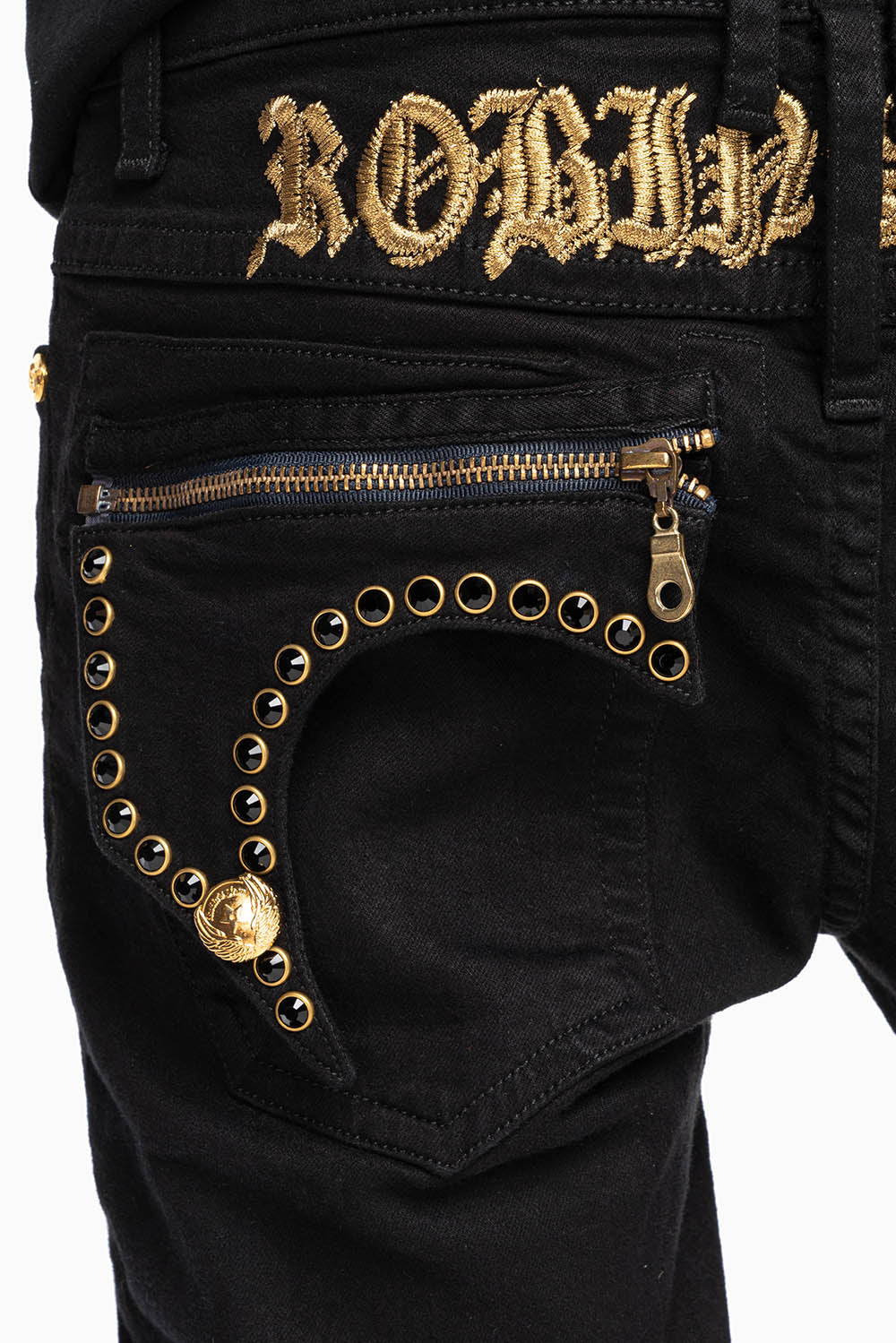 ZIPPER KILLER FLAP MENS JEANS IN F_ UP BLACK WITH X- LARGE CRYSTALS