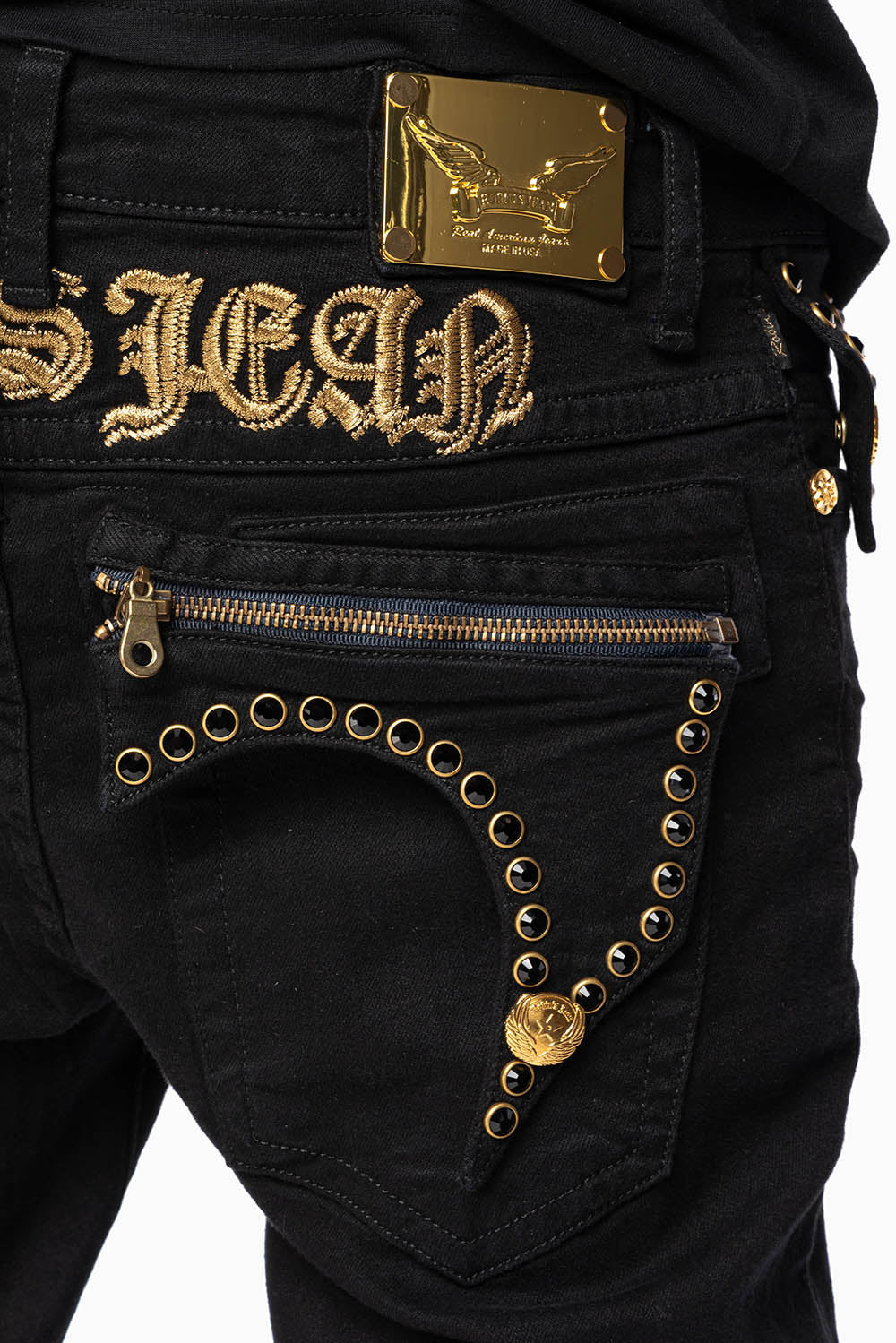 ZIPPER KILLER FLAP MENS JEANS IN F_ UP BLACK WITH X- LARGE CRYSTALS
