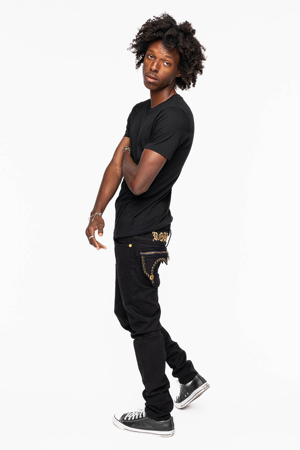 ZIPPER KILLER FLAP MENS JEANS IN F_ UP BLACK WITH X- LARGE CRYSTALS