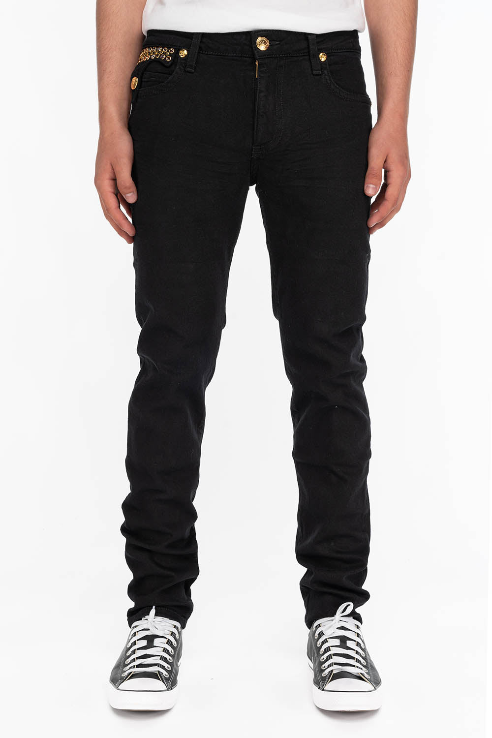 ZIPPER KILLER FLAP MENS SLIM JEANS IN BLACK WITH GOLD CRYSTALS