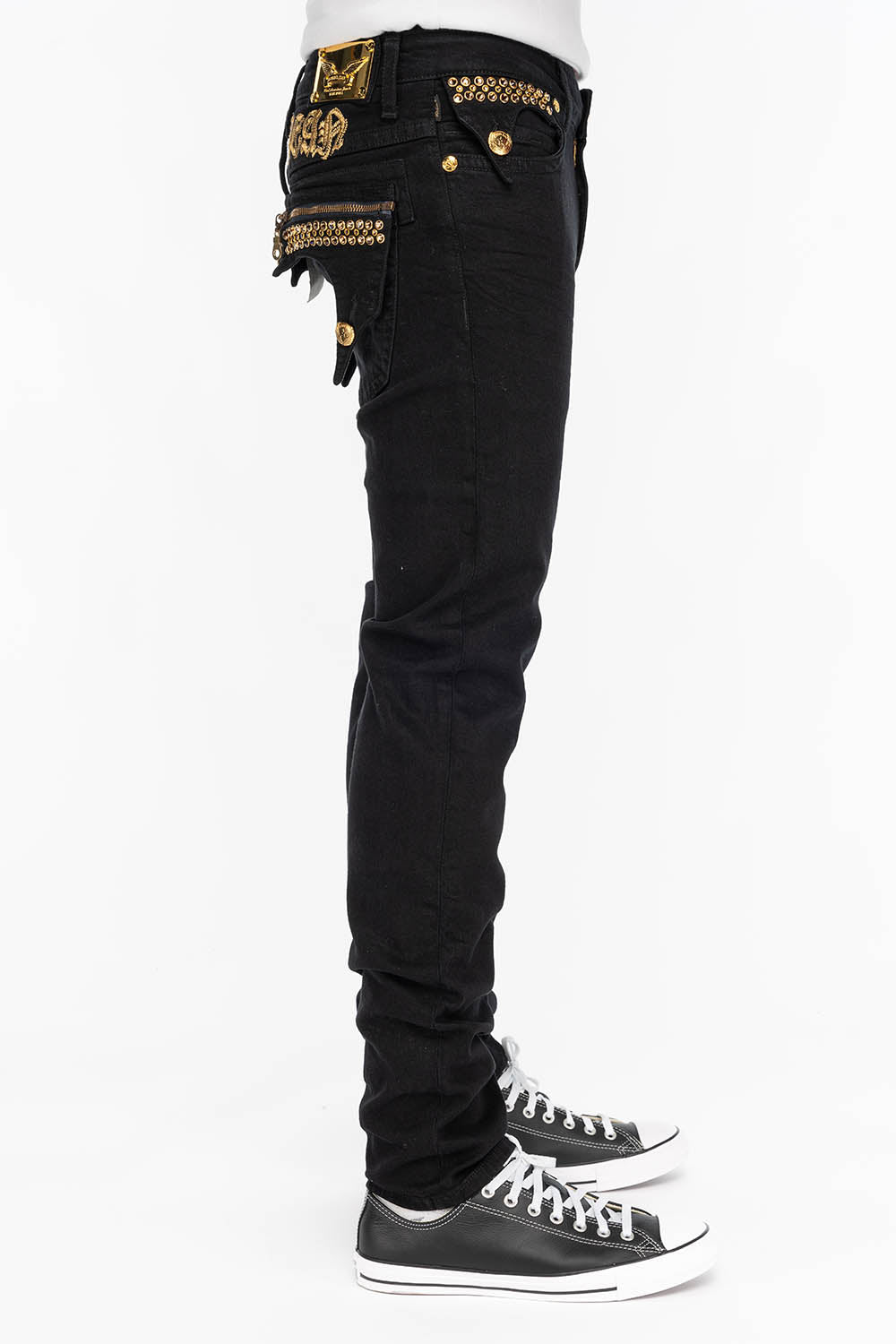 ZIPPER KILLER FLAP MENS SLIM JEANS IN BLACK WITH GOLD CRYSTALS