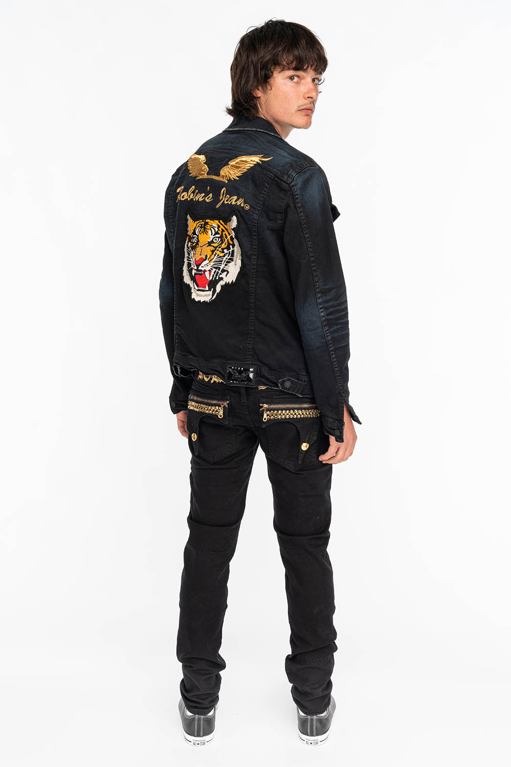 ZIPPER KILLER FLAP MENS SLIM JEANS IN BLACK WITH GOLD CRYSTALS