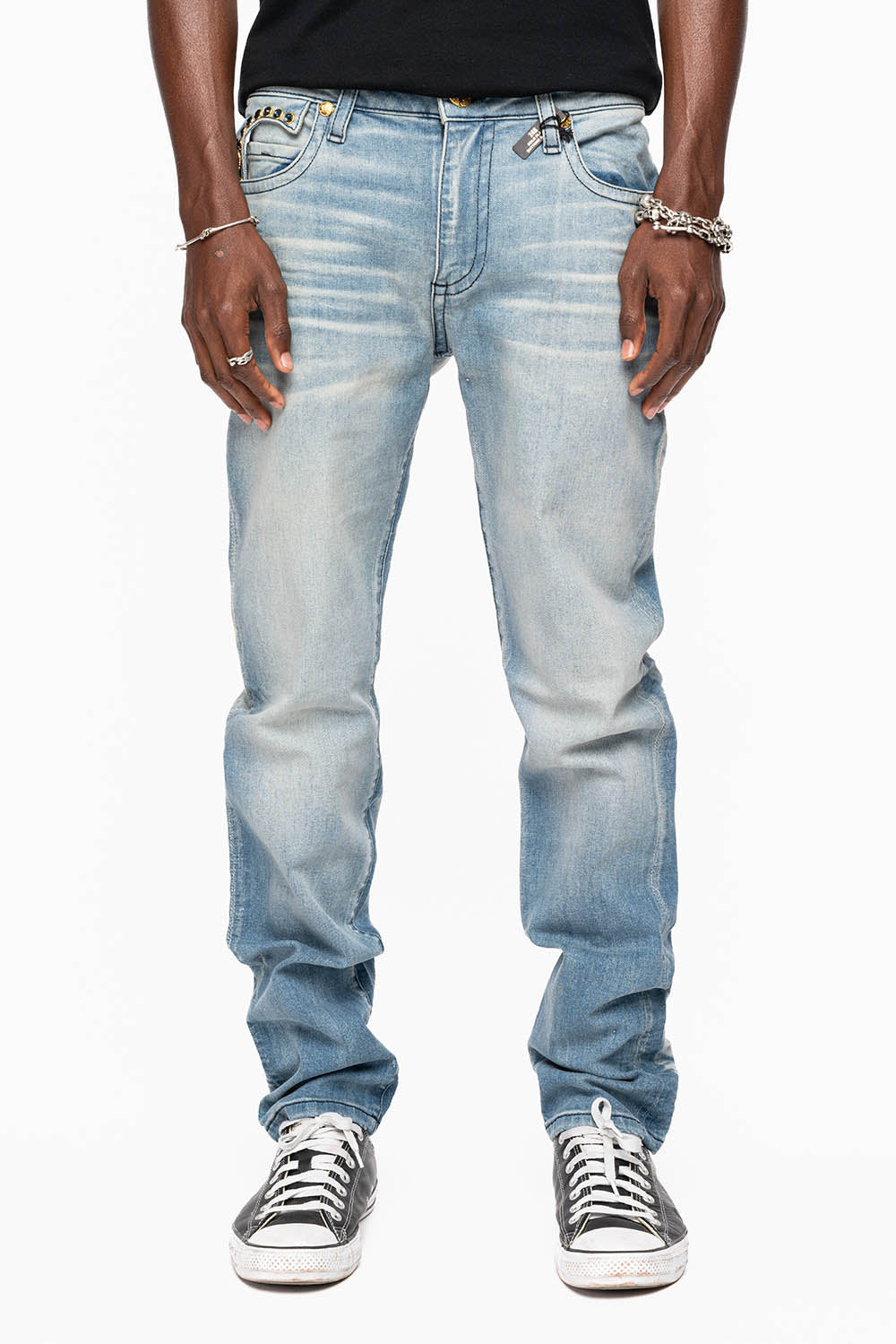 ZIPPER KILLER FLAP MENS JEANS IN ELROY MEDIUM WASH  WITH X- LARGE CRYSTALS