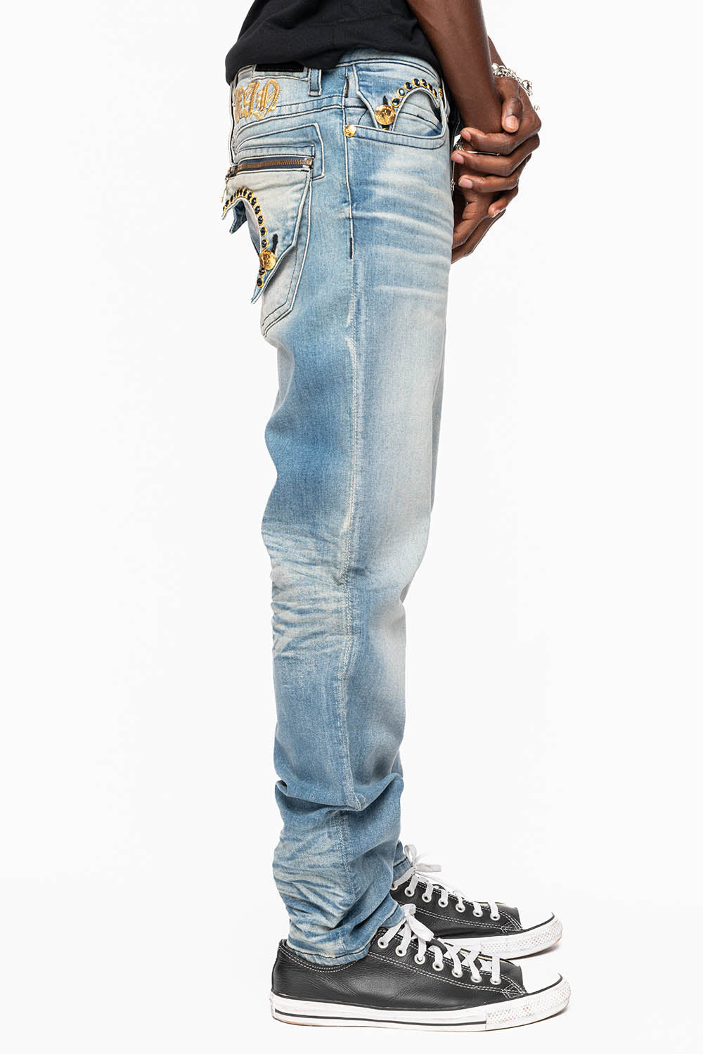 ZIPPER KILLER FLAP MENS JEANS IN ELROY MEDIUM WASH  WITH X- LARGE CRYSTALS