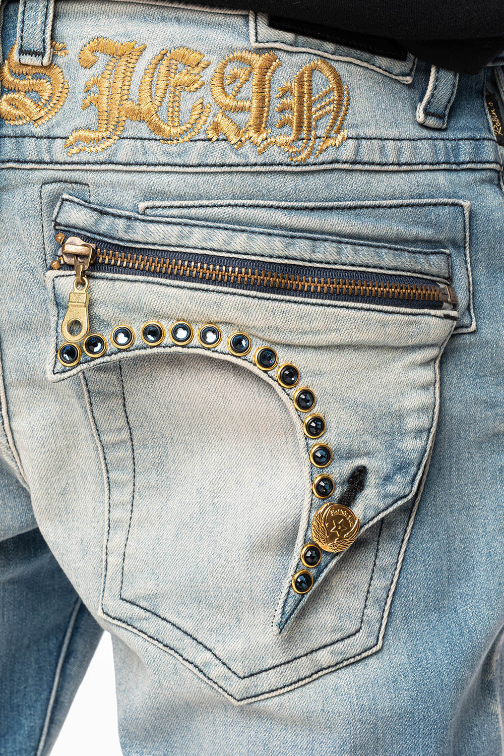 ZIPPER KILLER FLAP MENS JEANS IN ELROY MEDIUM WASH  WITH X- LARGE CRYSTALS