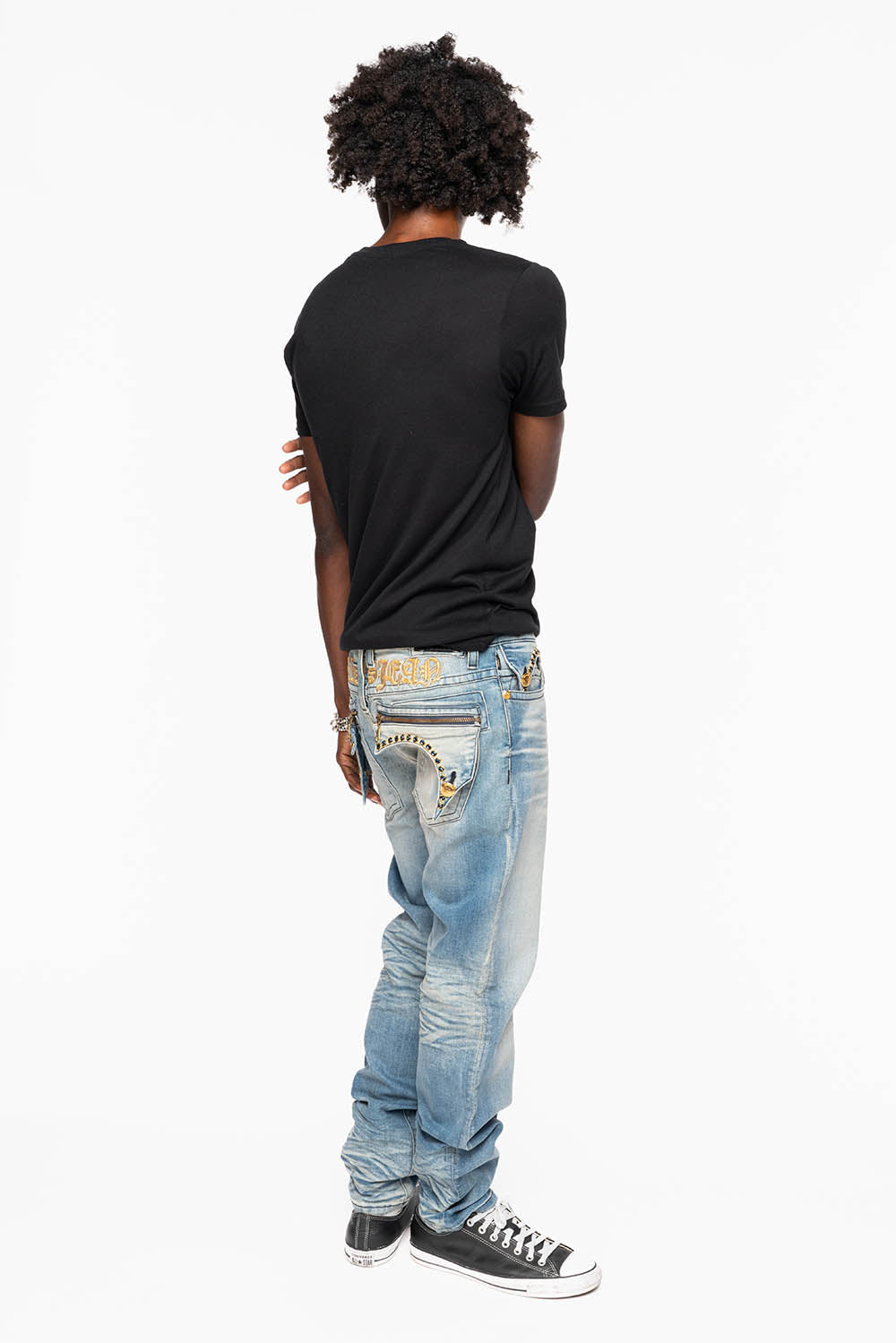 ZIPPER KILLER FLAP MENS JEANS IN ELROY MEDIUM WASH  WITH X- LARGE CRYSTALS