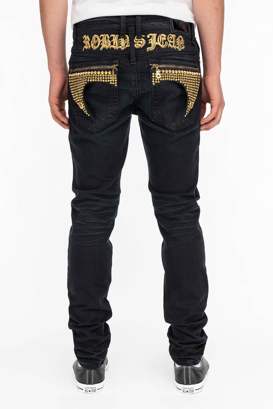 ZIPPER KILLER FLAP MENS JEANS IN F_D UP BLACK WITH STUDS AND CRYSTALS