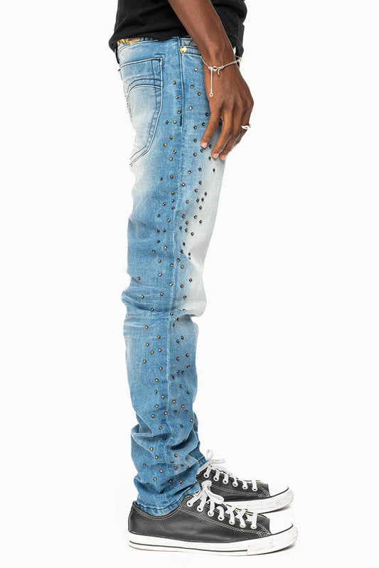 SKINNY JEAN IN BLUE 5D LIGHT WASH EMBELLISHED SIDE LEGS WITH CRYSTALS