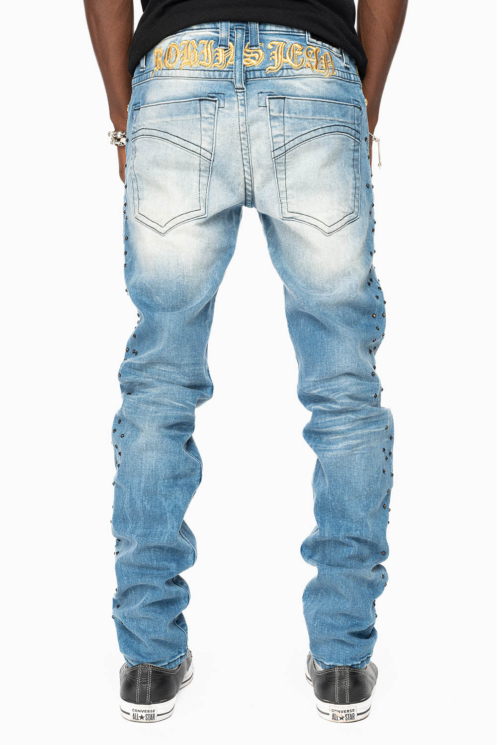 SKINNY JEAN IN BLUE 5D LIGHT WASH EMBELLISHED SIDE LEGS WITH
