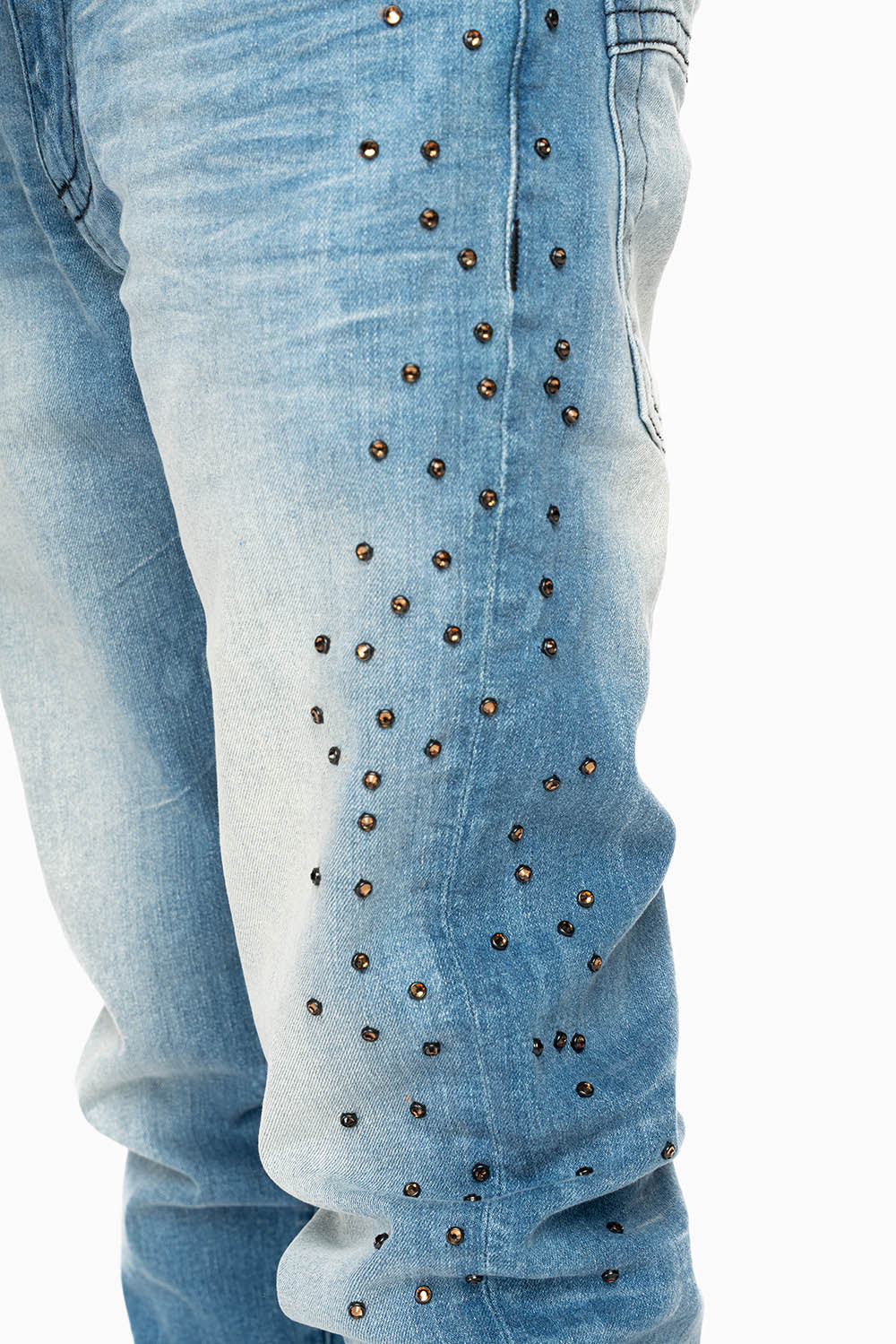 SKINNY JEAN IN BLUE 5D LIGHT WASH EMBELLISHED SIDE LEGS WITH