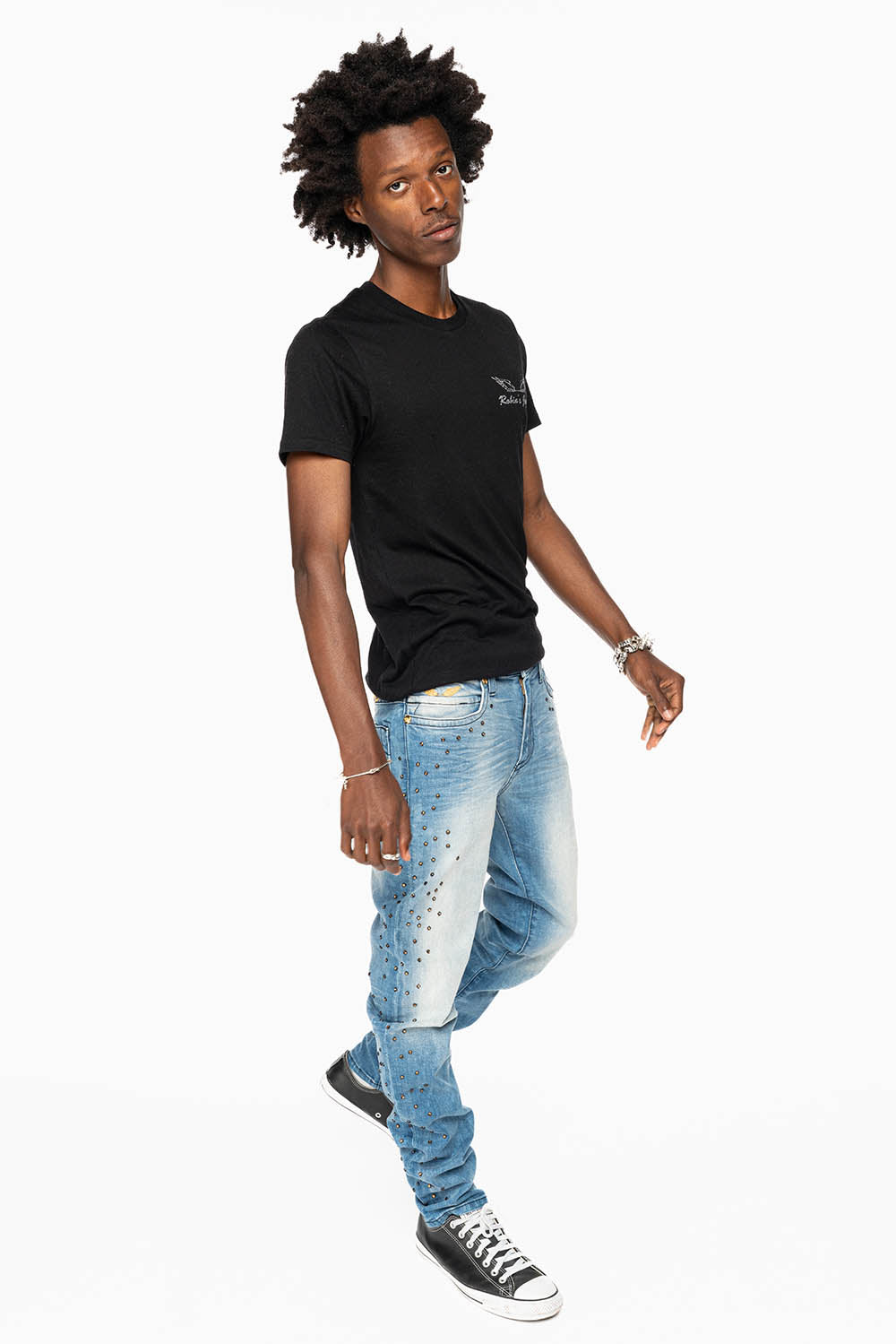 SKINNY JEAN IN BLUE 5D LIGHT WASH EMBELLISHED SIDE LEGS WITH CRYSTALS