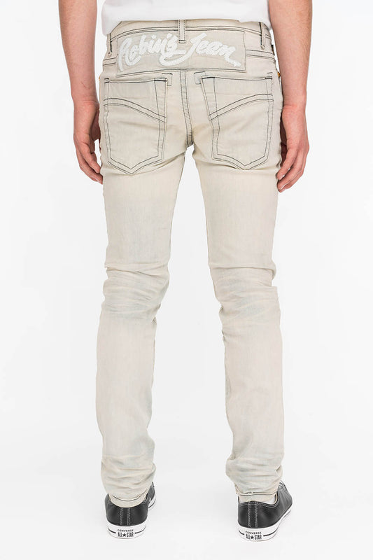 MENS SKINNY FIT JEANS WITH WHITE  EMBROIDERY IN VINTAGE LIGHT