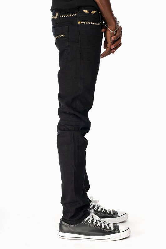 SKINNY JEAN IN PURE BLACK WITH GOLD/SILVER  ROBIN’S LOGO EMBELLISHED WITH GOLD NAILHEAD STUDS