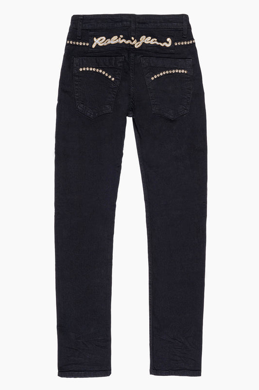SKINNY JEAN IN PURE BLACK WITH GOLD/SILVER  ROBIN’S LOGO EMBELLISHED WITH GOLD NAILHEAD STUDS
