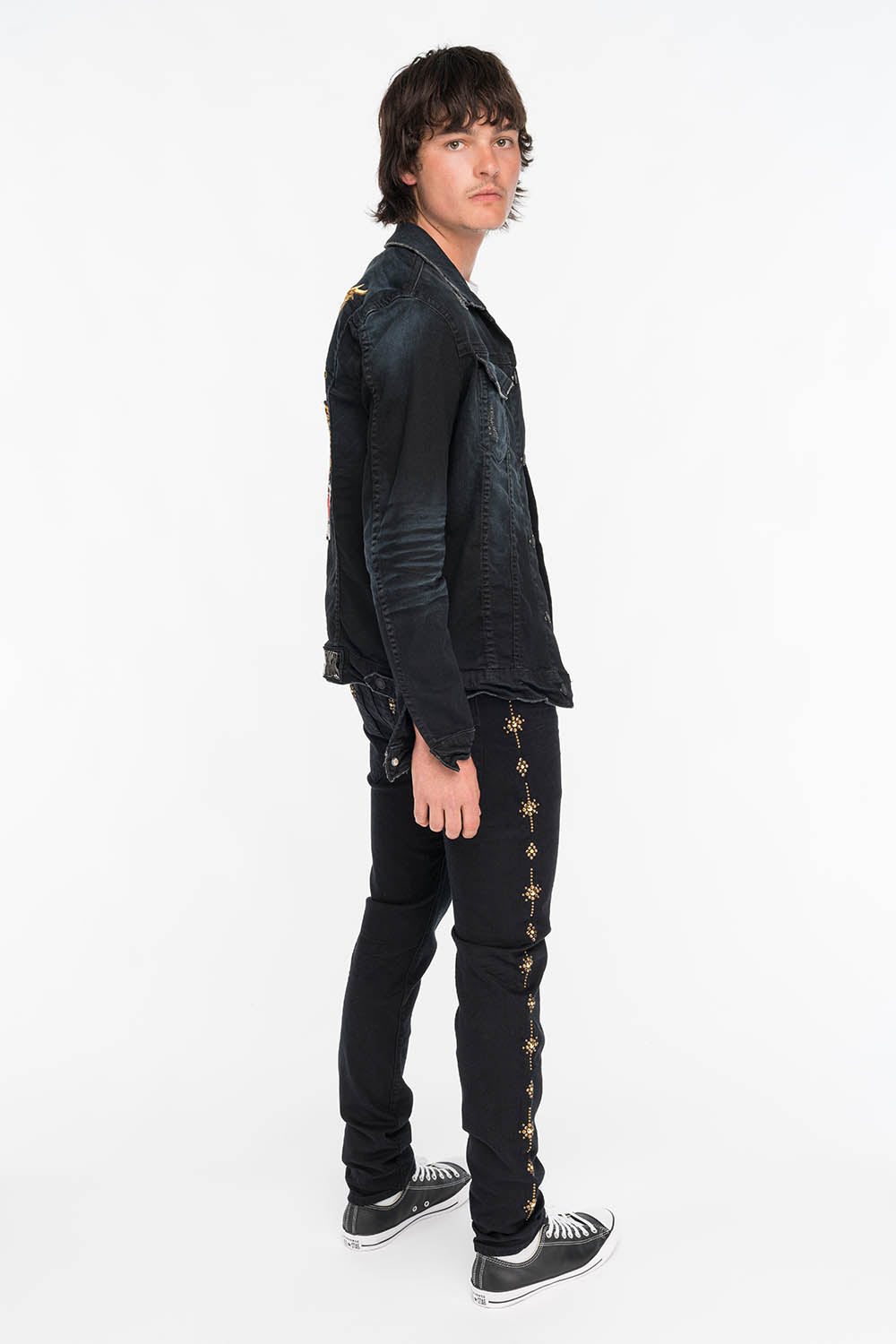 YUMA SKINNY MENS JEANS IN BLACK WITH GUNSLINGER CRYSTAL MOTIF