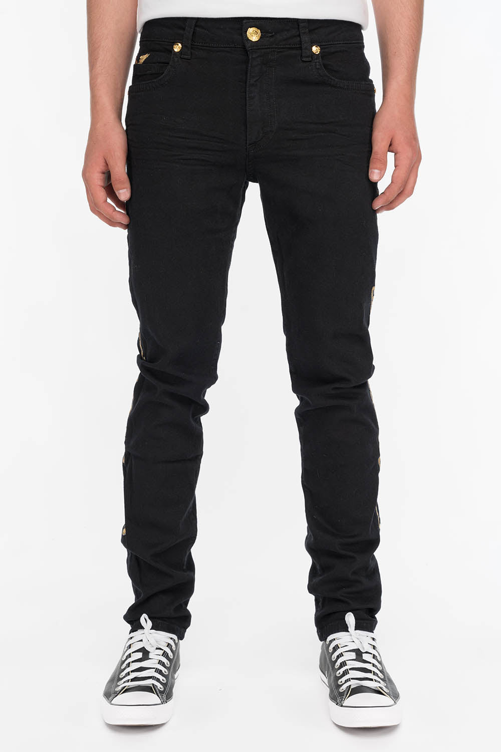 SKINNY MENS JEANS IN PURE BLACK WITH GOLD EMBROIDERY