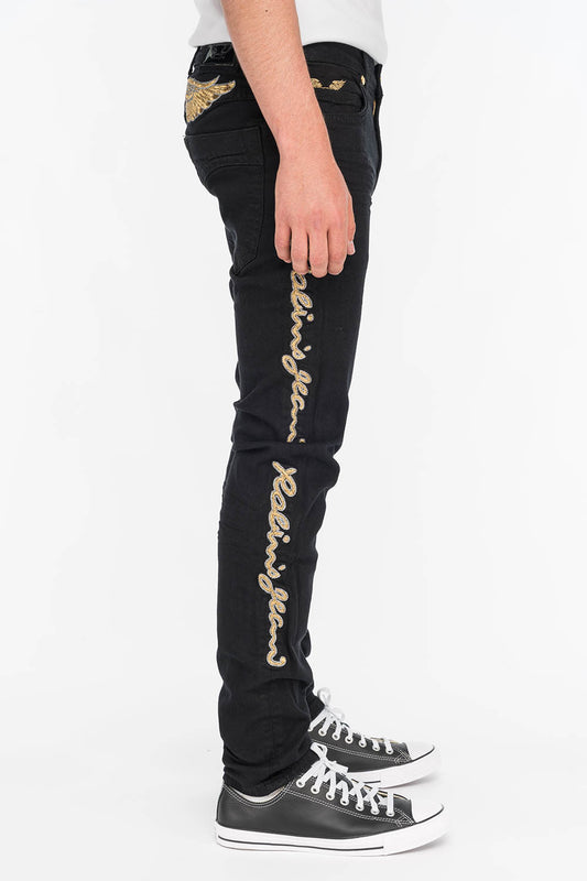 SKINNY MENS JEANS IN PURE BLACK WITH GOLD EMBROIDERY