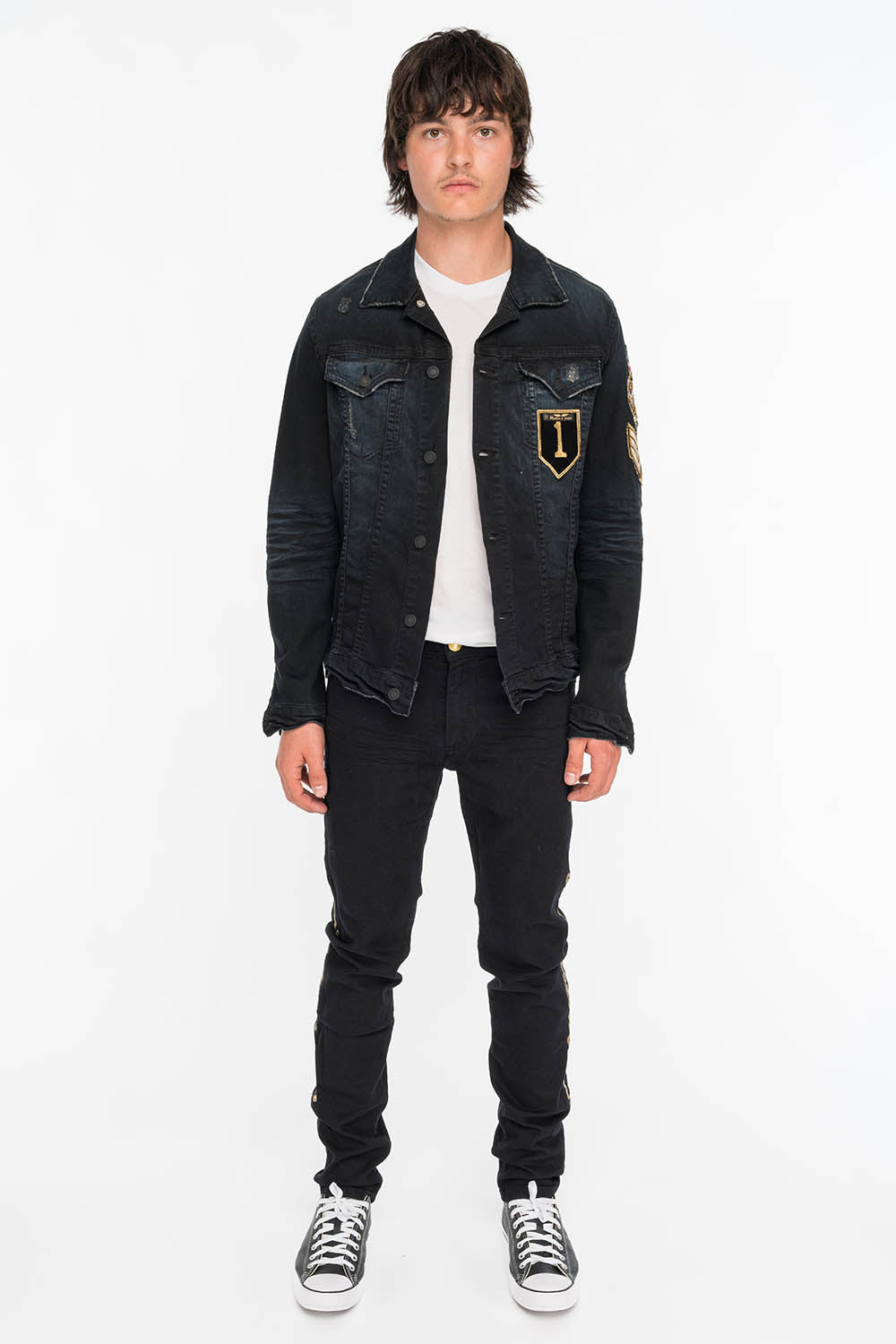 SKINNY MENS JEANS IN PURE BLACK WITH GOLD EMBROIDERY