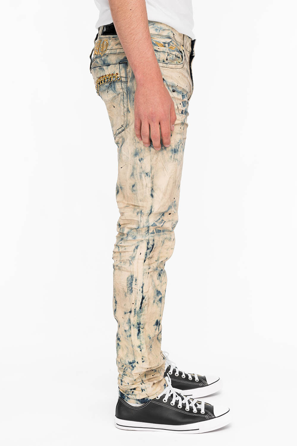 SKINNY MENS JEANS IN FROZEN WASH WITH MONTANA BLUE AND RED CRYSTALS