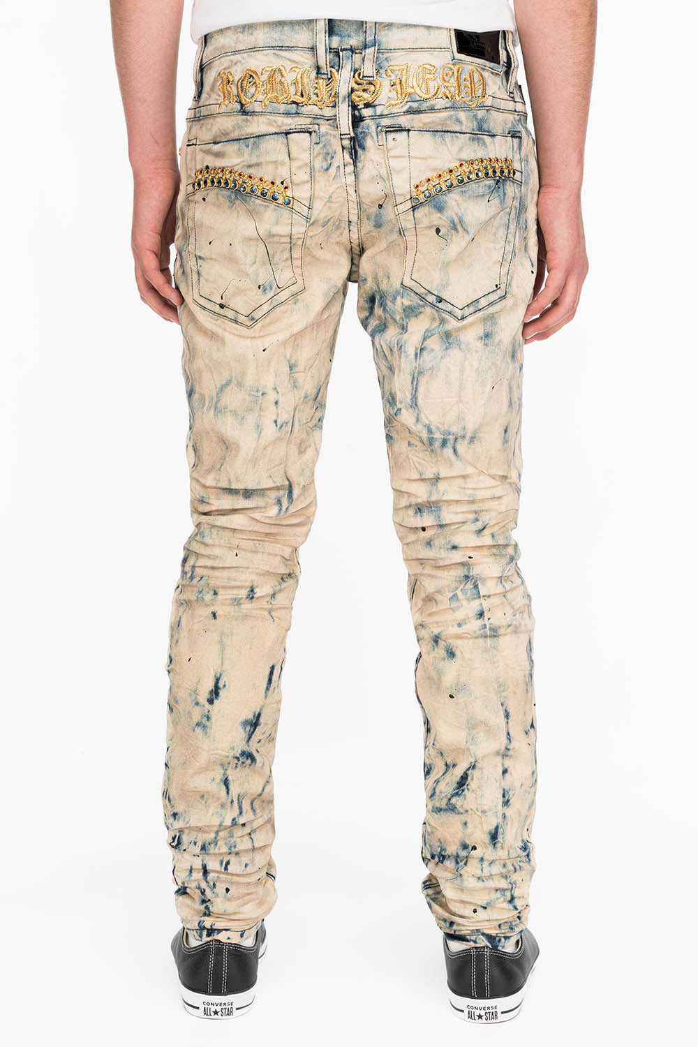 SKINNY MENS JEANS IN FROZEN WASH WITH MONTANA BLUE AND RED CRYSTALS