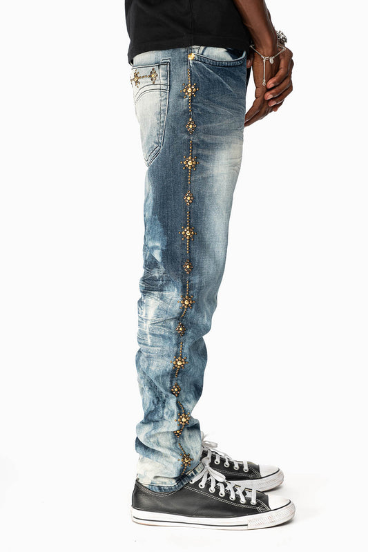SKINNY MENS JEANS IN BLUE CLOUD JAPAN WITH GUNSLINGER CRYSTAL MOTIF
