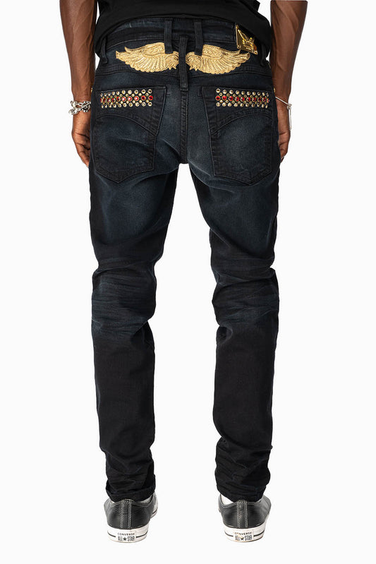 SKINNY MENS JEANS IN F_D UP BLACK WASH WITH RED AND GOLD AURUM CRYSTALS