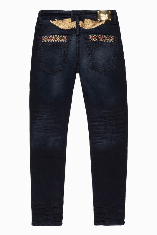 SKINNY MENS JEANS IN F_D UP BLACK WASH WITH RED AND GOLD AURUM CRYSTALS