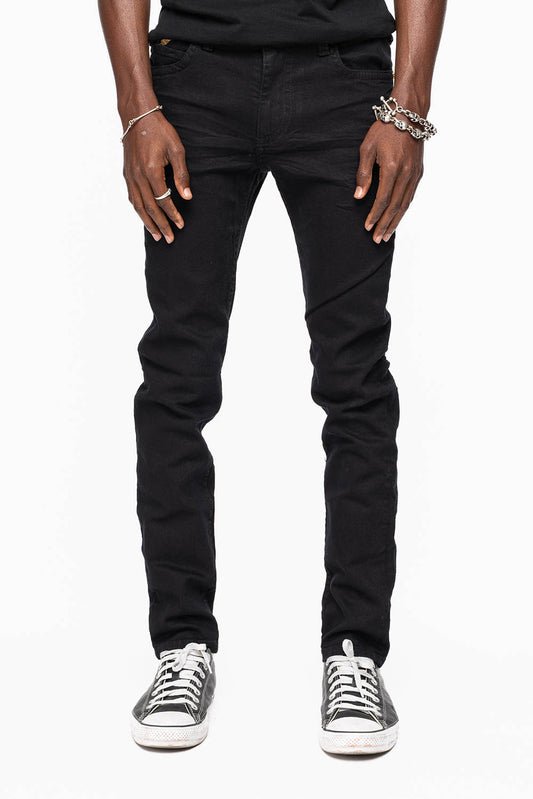 MENS SKINNY JEANS IN PURE BLK WASH WITH GOLD WING EMBROIDERY