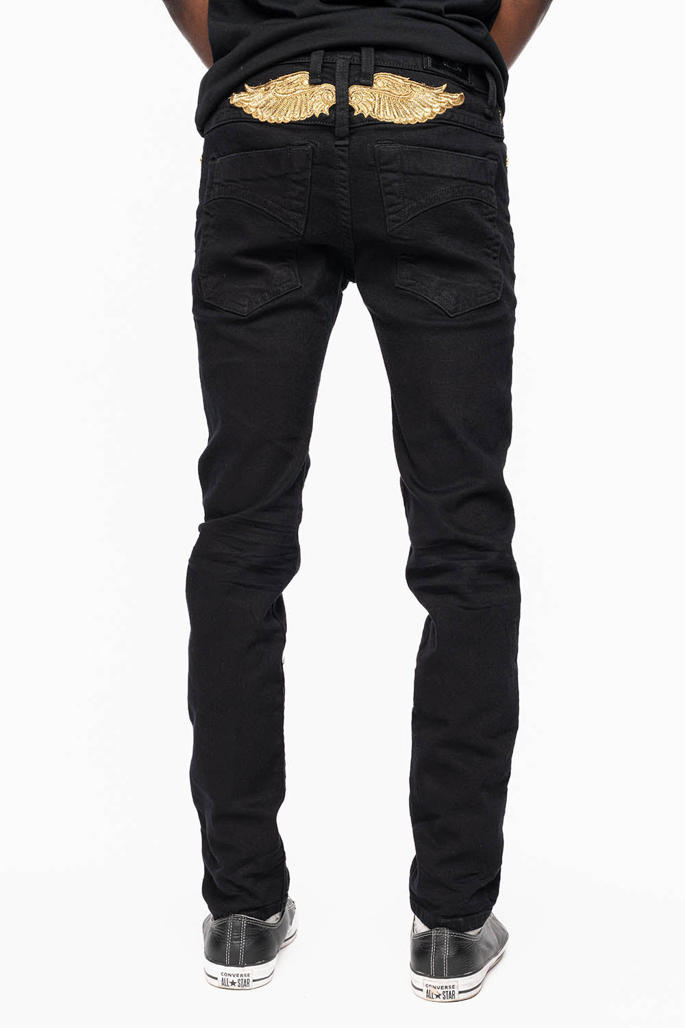 MENS SKINNY JEANS IN PURE BLK WASH WITH GOLD WING EMBROIDERY