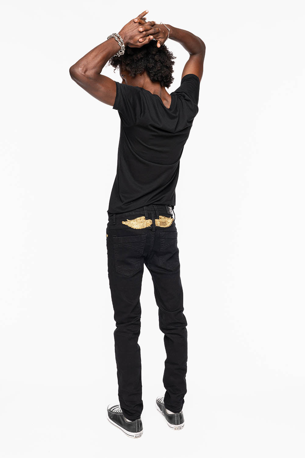 MENS SKINNY JEANS IN PURE BLK WASH WITH GOLD WING EMBROIDERY