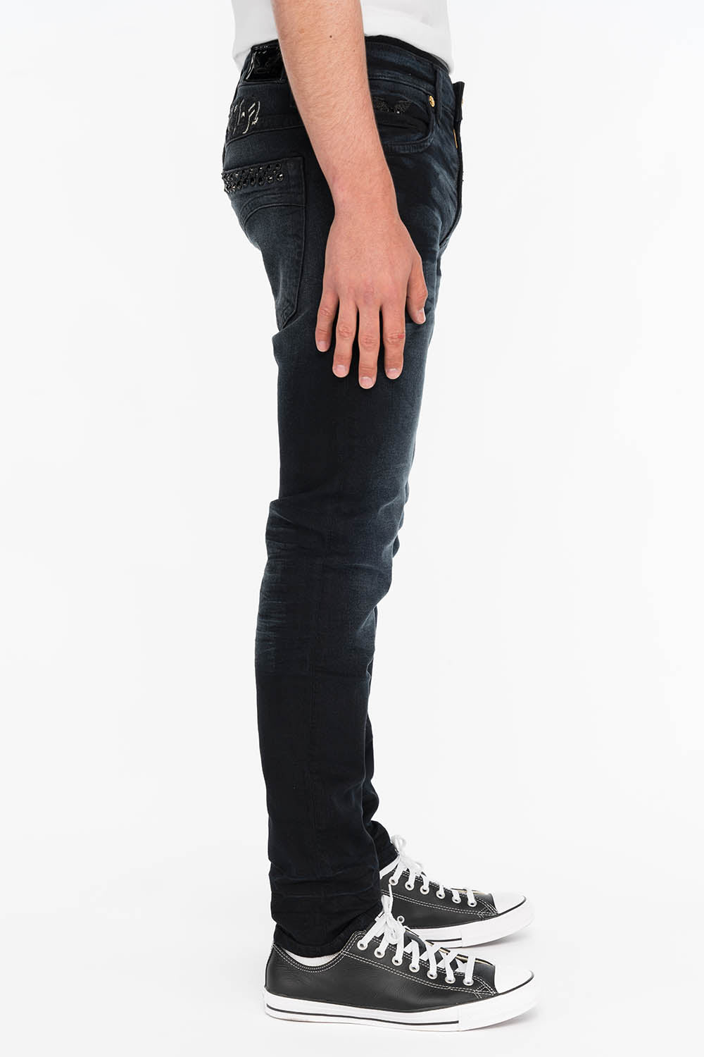 SKINNY MENS JEANS IN F_UP BLACK WITH BLACK CRYSTALS