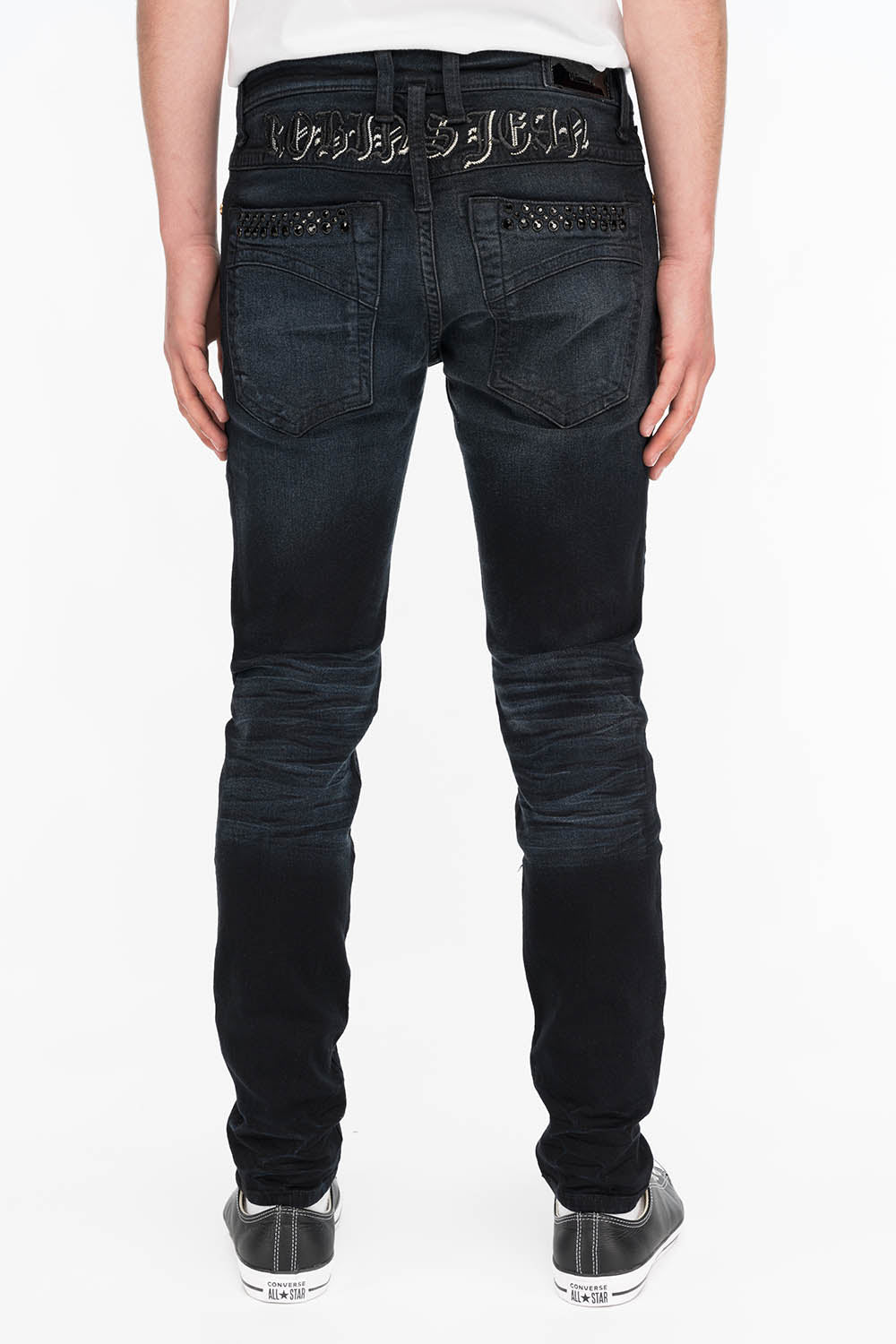 SKINNY MENS JEANS IN F_UP BLACK WITH BLACK CRYSTALS