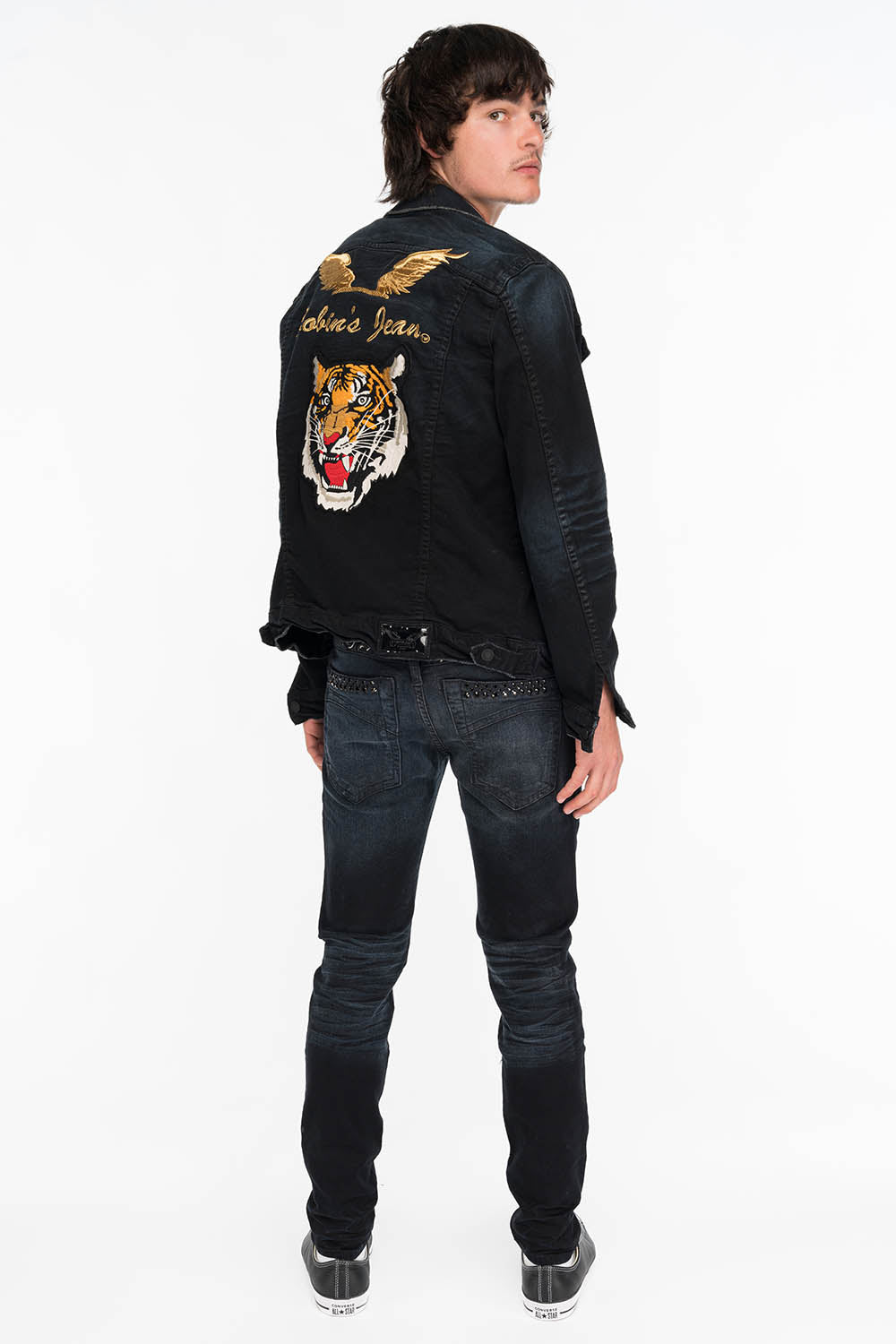 SKINNY MENS JEANS IN F_UP BLACK WITH BLACK CRYSTALS