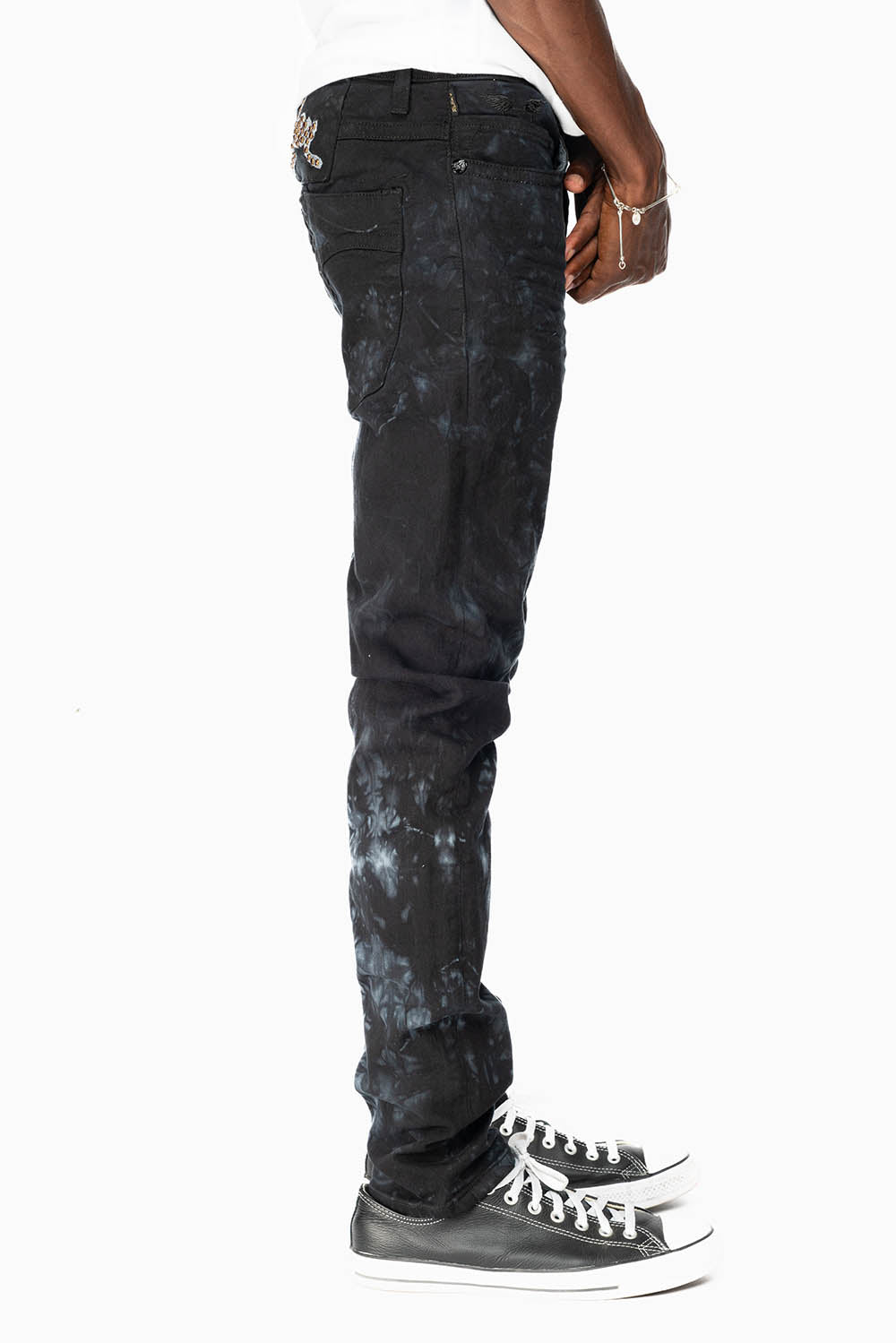 SKINNY MENS JEANS IN ASTRO BLACK WITH CHAIN STICH EMBROIDERY LOGO EMBELLISHED WITH RED CRYSTALS