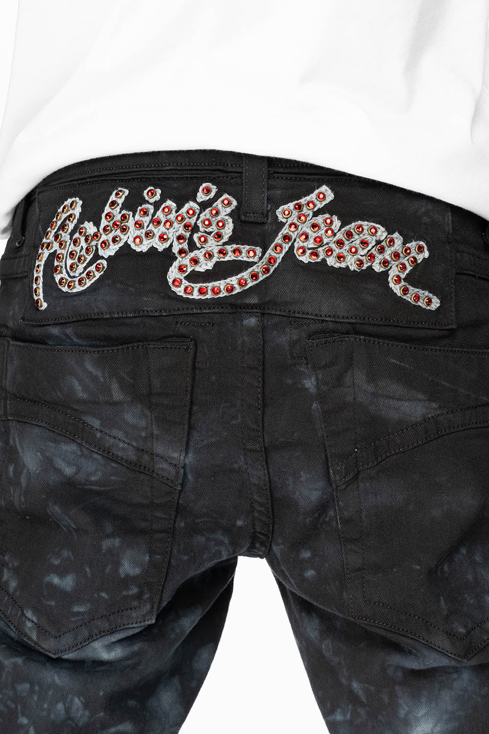 SKINNY MENS JEANS IN ASTRO BLACK WITH CHAIN STICH EMBROIDERY LOGO EMBELLISHED WITH RED CRYSTALS