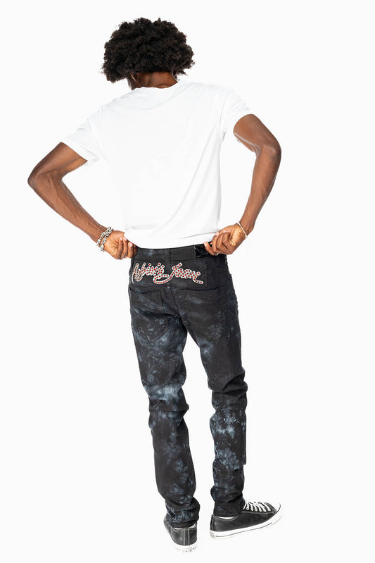 SKINNY MENS JEANS IN ASTRO BLACK WITH CHAIN STICH EMBROIDERY LOGO EMBELLISHED WITH RED CRYSTALS