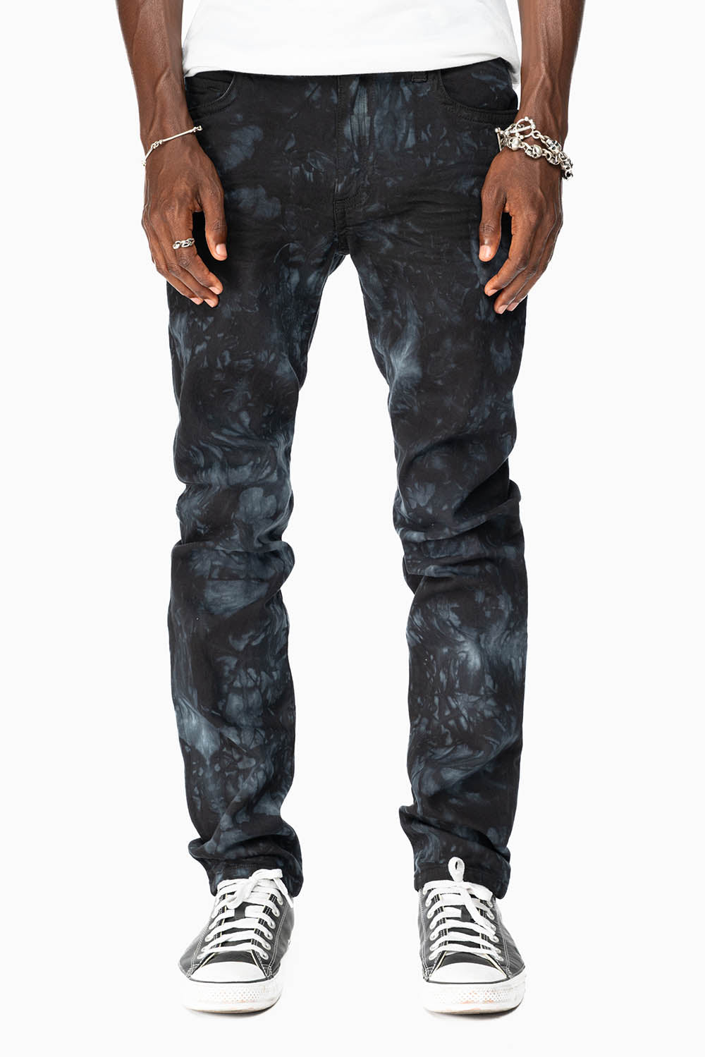 SKINNY MENS JEANS IN ASTRO BLACK WITH CHAIN STICH EMBROIDERY LOGO EMBELLISHED WITH SMOKY TOPAZ CRYSTALS