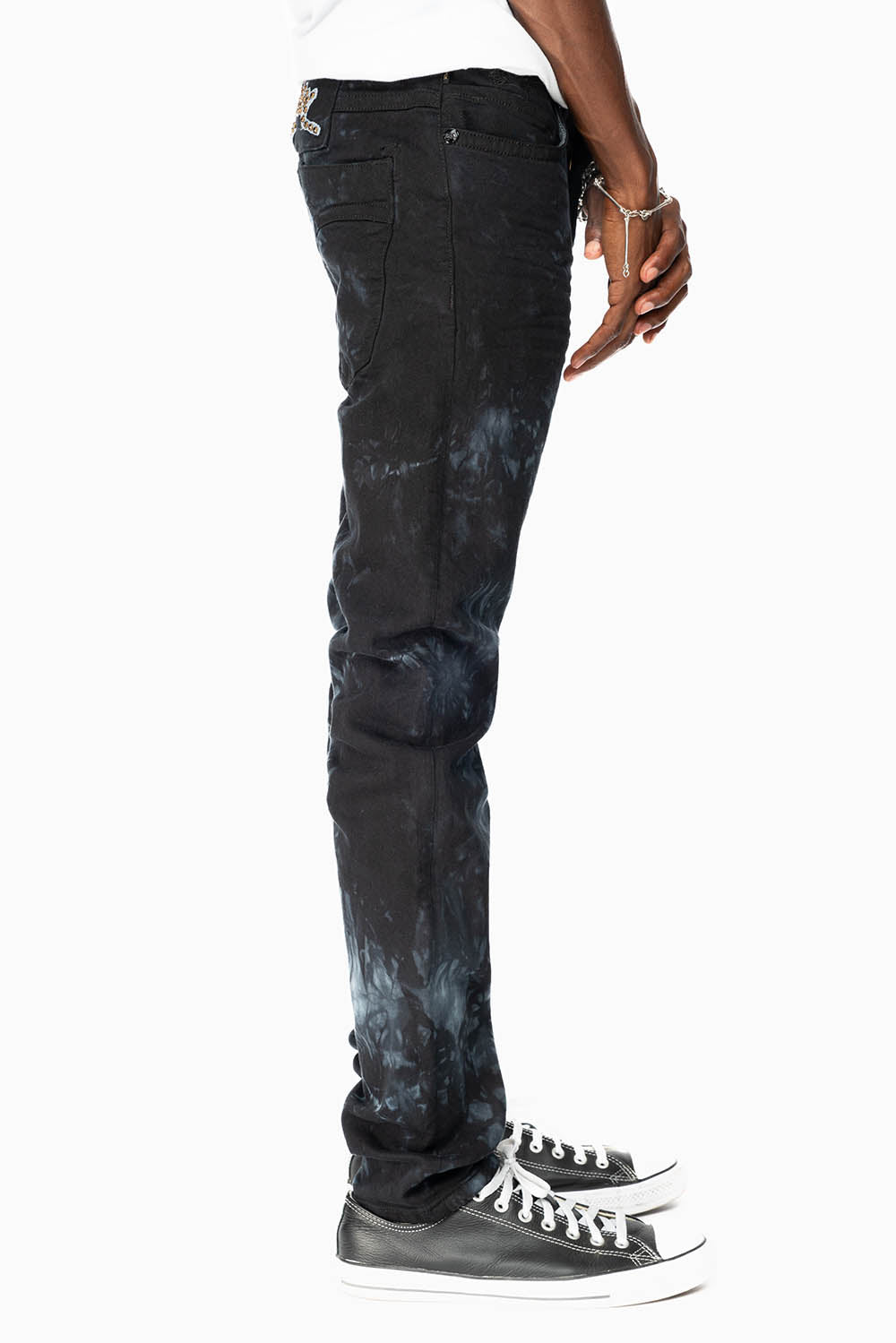 SKINNY MENS JEANS IN ASTRO BLACK WITH CHAIN STICH EMBROIDERY LOGO EMBELLISHED WITH SMOKY TOPAZ CRYSTALS