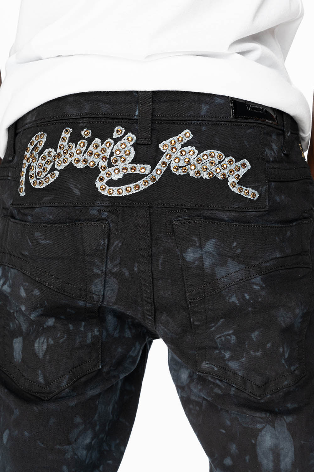 SKINNY MENS JEANS IN ASTRO BLACK WITH CHAIN STICH EMBROIDERY LOGO EMBELLISHED WITH SMOKY TOPAZ CRYSTALS