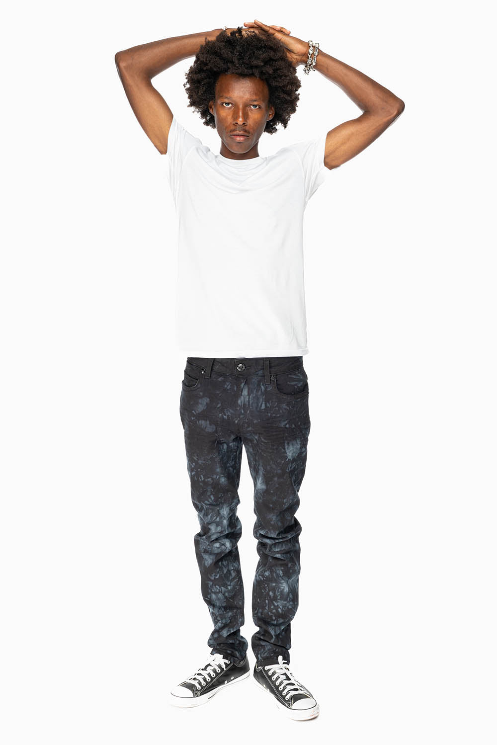 SKINNY MENS JEANS IN ASTRO BLACK WITH CHAIN STICH EMBROIDERY LOGO EMBELLISHED WITH SMOKY TOPAZ CRYSTALS