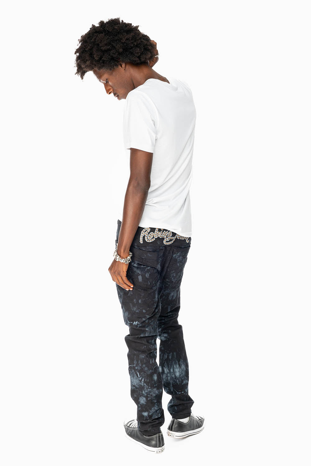 SKINNY MENS JEANS IN ASTRO BLACK WITH CHAIN STICH EMBROIDERY LOGO EMBELLISHED WITH SMOKY TOPAZ CRYSTALS