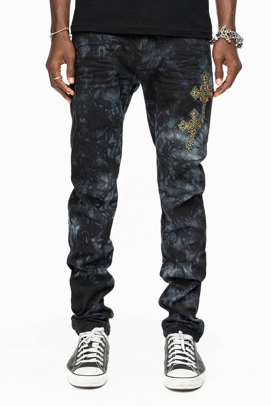 SKINNY MENS JEANS IN ASTRO BLACK WITH MEDIEVAL CROSS PATCHES EMBELLISHED WITH CRYSTALS