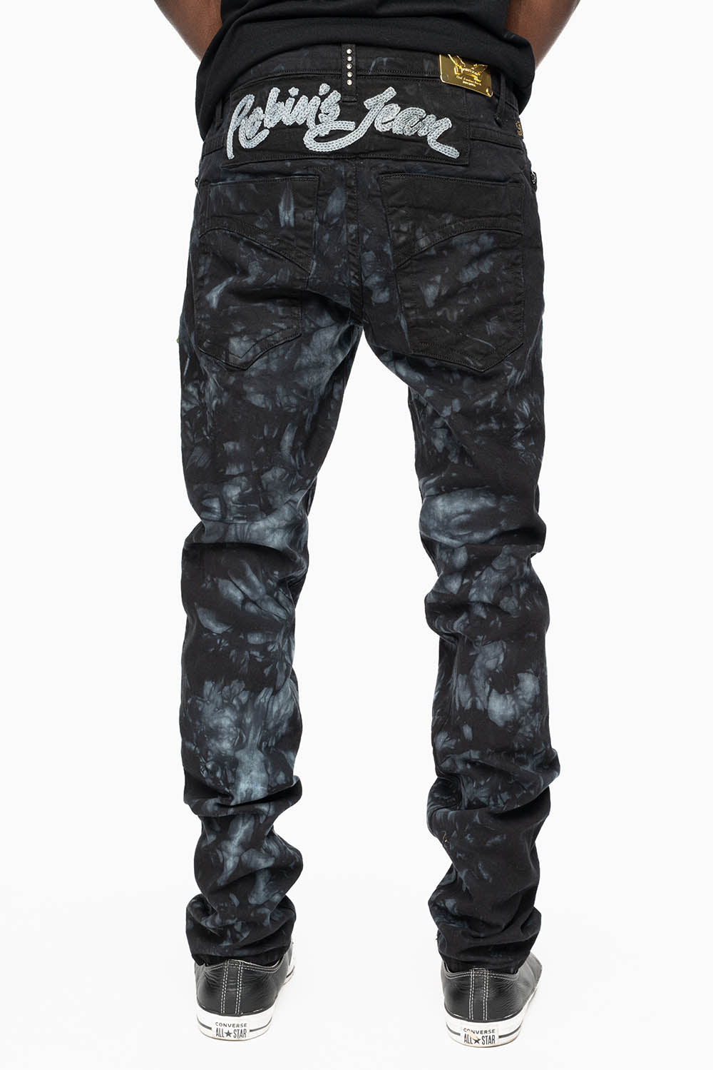 SKINNY MENS JEANS IN ASTRO BLACK WITH MEDIEVAL CROSS PATCHES EMBELLISHED WITH CRYSTALS