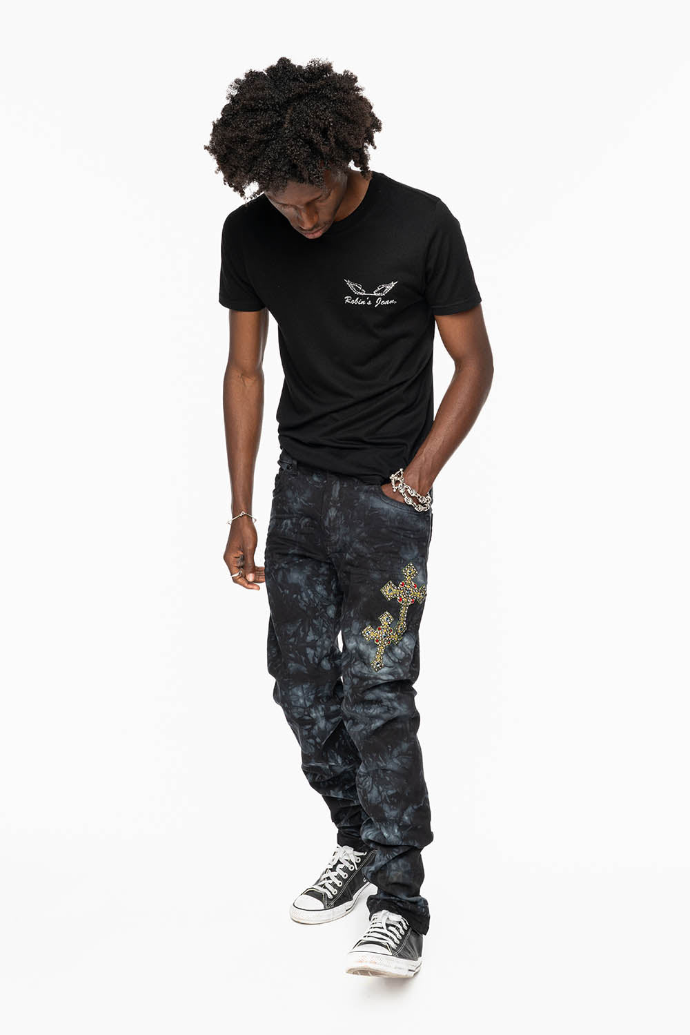 SKINNY MENS JEANS IN ASTRO BLACK WITH MEDIEVAL CROSS PATCHES EMBELLISHED WITH CRYSTALS