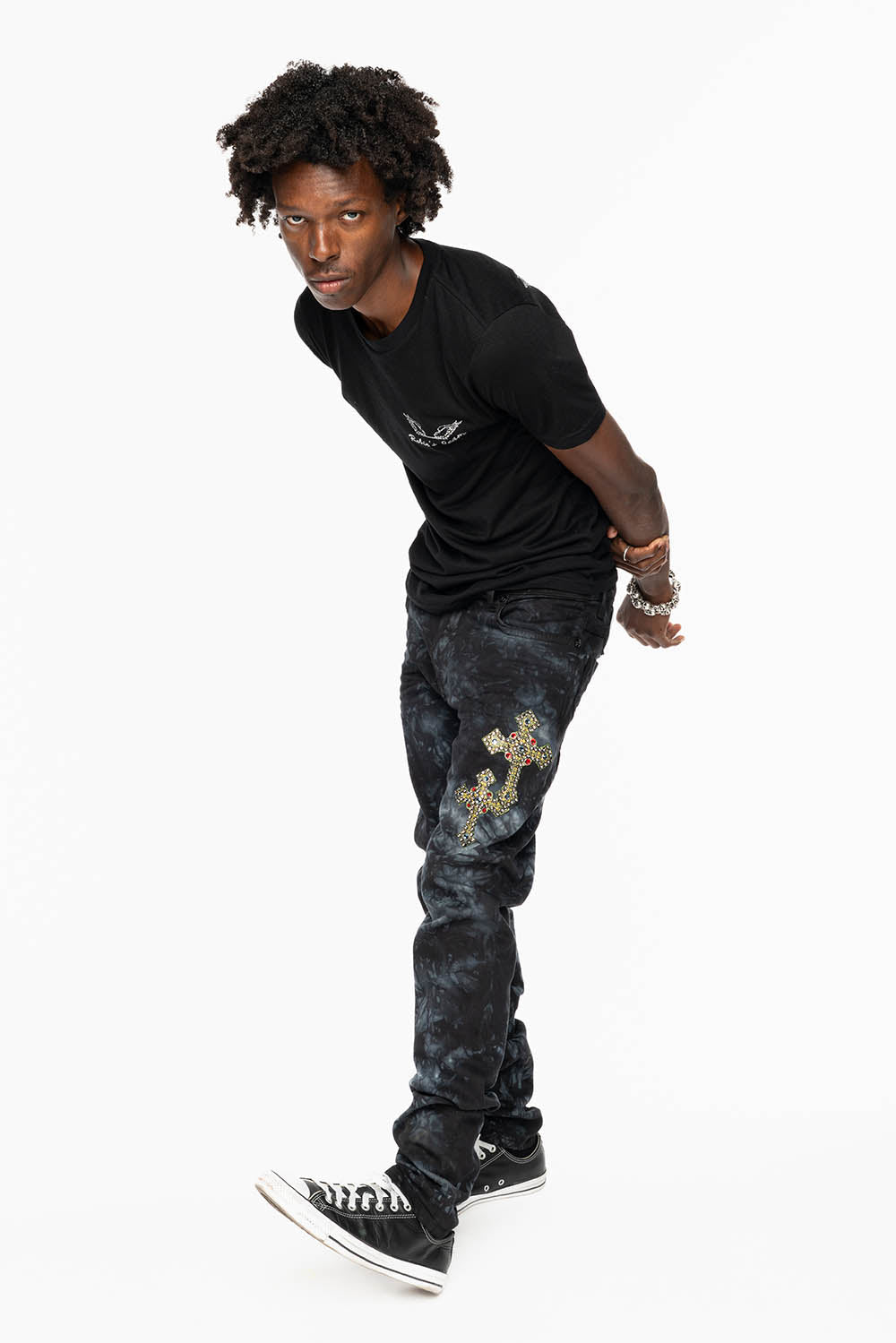 SKINNY MENS JEANS IN ASTRO BLACK WITH MEDIEVAL CROSS PATCHES EMBELLISHED WITH CRYSTALS