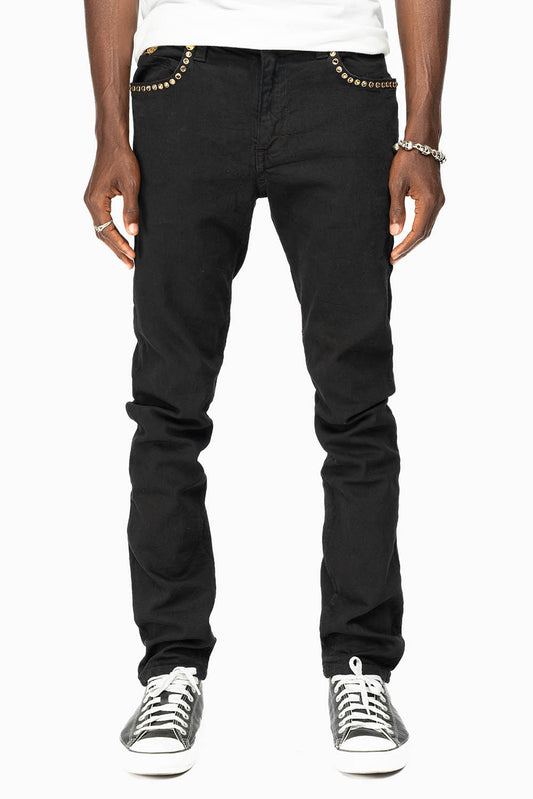 SKINNY JEAN IN PURE BLACK WITH GOLD O.E. LOGO EMBELISHED WITH SMOKY TOPAZ CRYSTALS